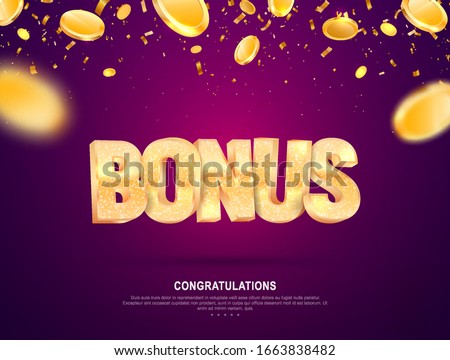 Golden shine bonus word vector banner for gambling. Illustration for casino or online games. Falling down coins on dark background with blur motion effect