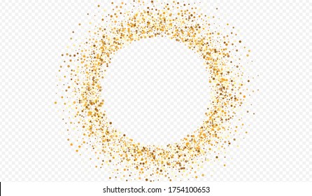 Golden Shine Falling Transparent Background. Transparent Dot Invitation. Yellow Round Isolated Card. Sequin Christmas Background.