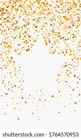 El Brillo Dorado Cae De Fondo Transparente. Tarjeta Confetti moderna. Patrón transparente del círculo dorado. Invitación a la Fiesta de Polka.