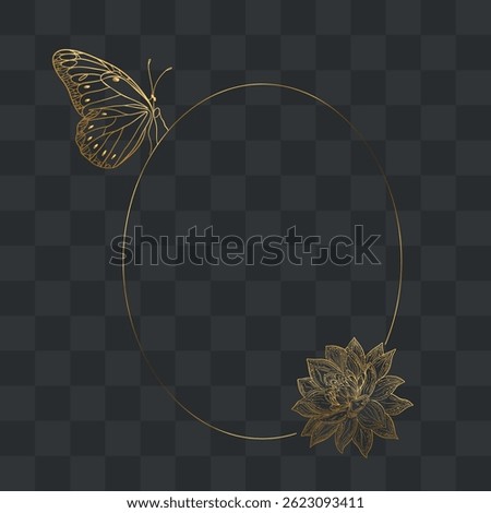 Golden shine frame with butterflies and lotus flower around. Luxury gold frame design element sparkles with transparent background 