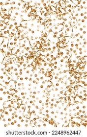 Golden Shine Glamour Vector White Background. Christmas Serpentine Postcard. Gold Sparkle Isolated Wallpaper. Rain Luxury Backdrop.