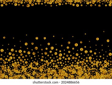 Golden Shine Light Vector Black Background. Transparent Confetti Invitation. Yellow Polka Isolated Design. Circle Vector Card.