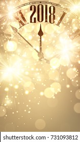 Golden shining 2018 New Year background with clock. Vector illustration.