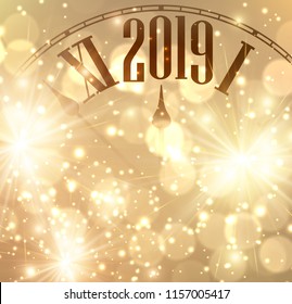 Golden shining 2019 New Year background with clock. Vector illustration.