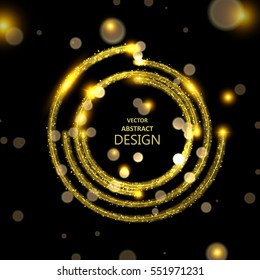 The golden shining banner. A template for design. Bright yellow curves with spangles and elements a side. Abstract background. Vector illustration