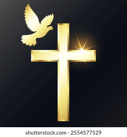 Golden shining Christian cross and dove of peace