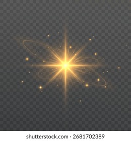 A golden, shining Christmas star with rays and sparkling particles on a transparent background. A festive, shining symbol for Christmas designs.