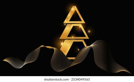Golden shining Christmas tree  with stars on black background , web, invite posters template Layout, card. Merry Christmas, happy New Year greeting banner.
