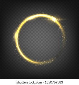 Golden shining circle text frame illustration. Glowing round border with copyspace on transparent background. Glittering ring, circular geometric shape with sparkling effect. Isolated design element