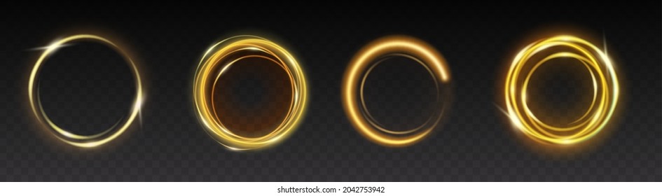 Golden shining circle text frame glittering. Glowing round border on transparent background. Shiny ring, circular geometric shape with sparkling effect design element. Vector illustration