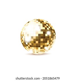 Golden shining disco ball template, realistic vector illustration isolated on white background. Template of mirror sphere or globe for retro music party banners.