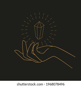 Golden shining gem in hand. Vector illustration on dark background