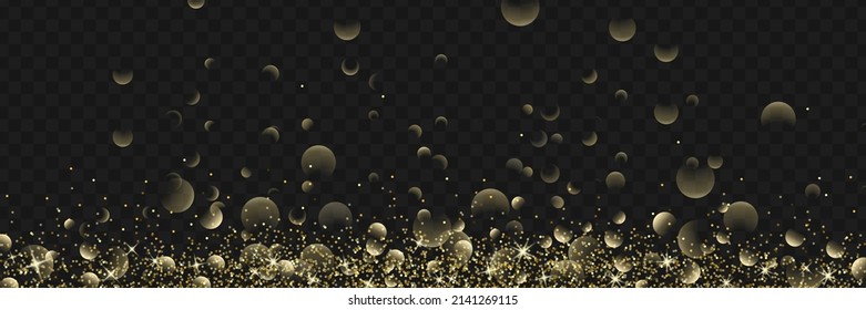 Golden shining glitter with bokeh effect. Sparkling vector border on transparent background. Horizontal design elements for cards, invitations, posters and banners. 