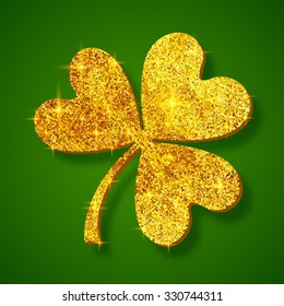 Golden shining glitter glamour vector clover leaf on dark green background