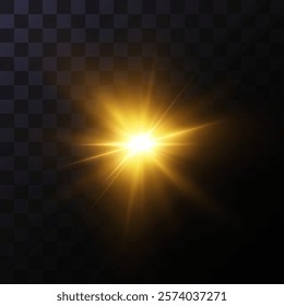 Golden shining light effect.Bright sun sparkles with stars and sparkles.