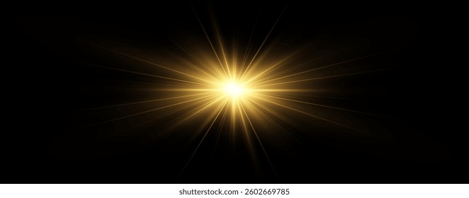 Golden shining light effect.Bright sun sparkles with stars and sparkles.