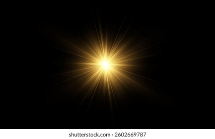 Golden shining light effect.Bright sun sparkles with stars and sparkles.