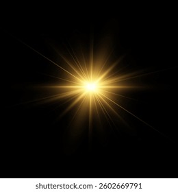 Golden shining light effect.Bright sun sparkles with stars and sparkles.