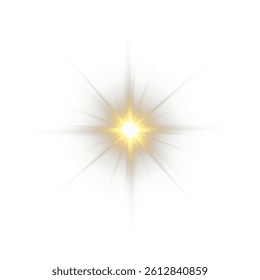 Golden shining light effect.Bright sun sparkles with stars and sparkles.