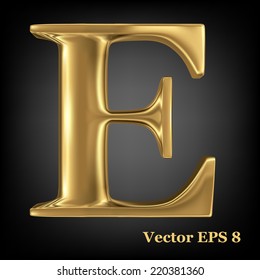 Golden shining metallic 3D symbol capital letter E - uppercase, vector EPS8