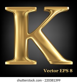 Golden shining metallic 3D symbol capital letter K - uppercase, vector EPS8