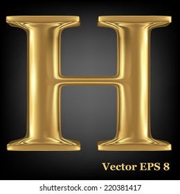 Golden shining metallic 3D symbol capital letter H - uppercase, vector EPS8