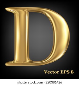 Golden shining metallic 3D symbol capital letter D - uppercase, vector EPS8