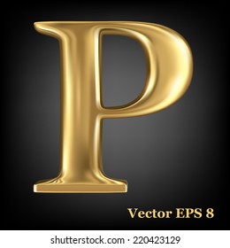 Golden shining metallic 3D symbol capital letter P - uppercase, vector EPS8