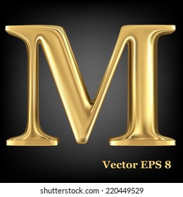 Golden shining metallic 3D symbol capital letter M - uppercase, vector EPS8