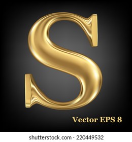 Golden shining metallic 3D symbol capital letter S - uppercase, vector EPS8