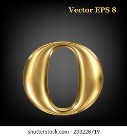 Golden shining metallic 3D symbol lowercase letter o, vector EPS8