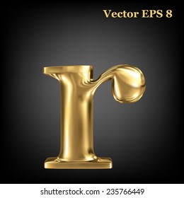 Golden shining metallic 3D symbol lowercase letter r, vector EPS8