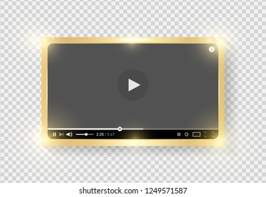 Golden shining modern grey video player design template for web and mobile apps flat style isolated on transparent background. Vector illustration