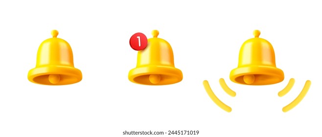 Clipart de iconos vectoriales 3d de la campana de notificación brillante dorado aislado en fondo blanco