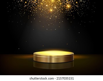 Golden shining pedestal podium on black background. Circle platform with golden glitter sparckes falling down. Luxury showcase, Promotion scene.