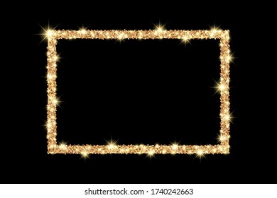 Golden shining rectangle frame with glitter and sparkles on a black background.
