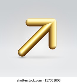 Golden shining rounded polished metallic arrow pointing right up over light neutral background