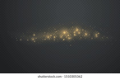 Golden shining sparks dust with stars on dark transparent background. Christmas light glowing particles.