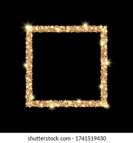 Golden leuchtender quadratischer Rahmen mit glitterem Glanz und Funkeln auf schwarzem Hintergrund.
