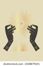 Golden shining star in hand illustration poster