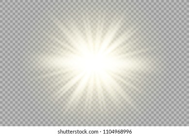 Golden shining vector sun with transparent rays. Yellow detonation effect.