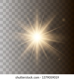 Golden shining vector sun with transparent rays. Yellow detonation effect. Sun flash with rays and spotlight. Star burst with sparkles on transparent background.
