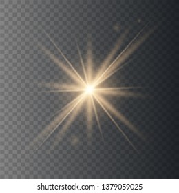 Golden shining vector sun with transparent rays. Yellow detonation effect. Sun flash with rays and spotlight. Star burst with sparkles on transparent background.