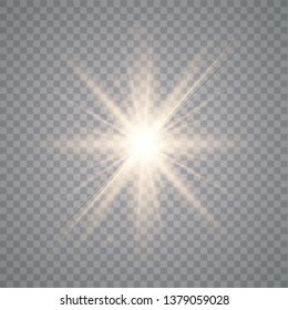 Golden shining vector sun with transparent rays. Yellow detonation effect. Sun flash with rays and spotlight. Star burst with sparkles on transparent background.