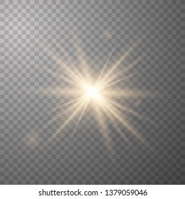 Golden shining vector sun with transparent rays. Yellow detonation effect. Sun flash with rays and spotlight. Star burst with sparkles on transparent background.