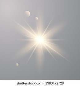 Golden shining vector sun with transparent rays. Yellow detonation effect. Sun flash with rays and spotlight. Star burst with sparkles on transparent background.