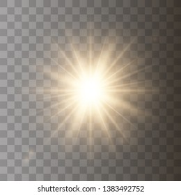 Golden shining vector sun with transparent rays. Yellow detonation effect. Sun flash with rays and spotlight. Star burst with sparkles on transparent background.