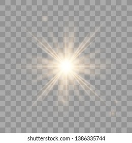 Golden shining vector sun with transparent rays. Yellow detonation effect. Sun flash with rays and spotlight. Star burst with sparkles on transparent background.