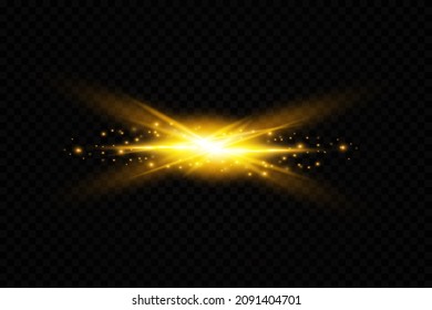 Sol vectorial dorado con rayos transparentes. Sobre un fondo transparente. Efecto de detonación amarillo.
