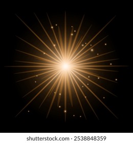 Golden shining vector sun with transparent rays. Yellow detonation effect.